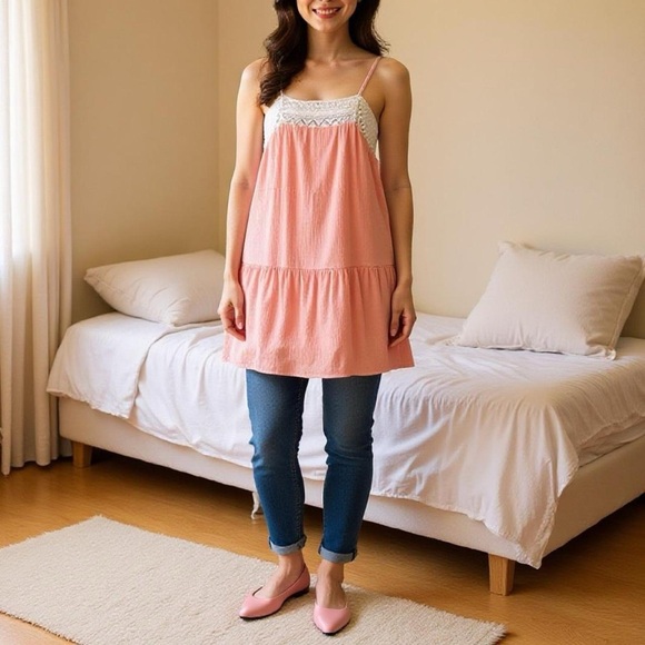 Y2K pink tunic blouse with lace trim - Picture 1 of 7